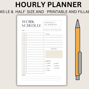 Könnte beinhalten: Ein druckbarer Stundenplaner mit weißem Hintergrund und schwarzem Text. Der Planer enthält Abschnitte für Datum, Uhrzeit, zu erledigen, Erinnerung, Training und Notizen. Der Text "WORK SCHEDULE" und "HOURLY PLANNER" befindet sich oben auf der Seite.