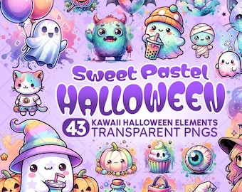 Watercolor Kawaii Halloween Clipart Bundle, Pastel PNG Graphics (Digital Download)