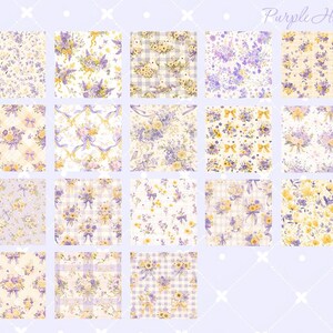 May include: A digital paper pack with 12 different patterns featuring a purple and yellow floral design. The patterns include a gingham check, a floral bouquet, and a floral vine design. The text "Purple Harmony" is at the top of the image.
