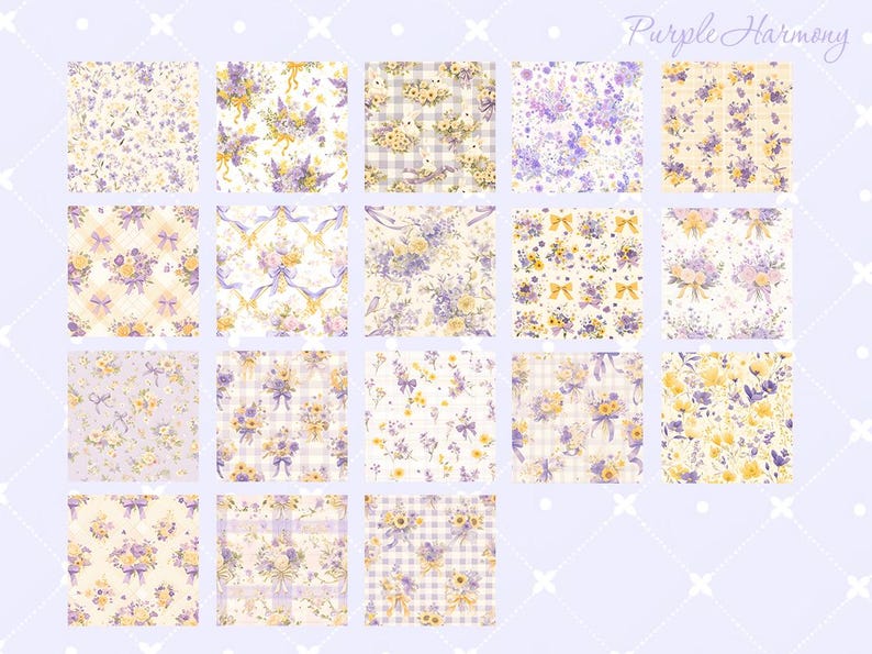 May include: A digital paper pack with 12 different patterns featuring a purple and yellow floral design. The patterns include a gingham check, a floral bouquet, and a floral vine design. The text "Purple Harmony" is at the top of the image.