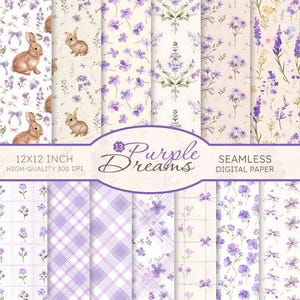Lila Nahtlos Digitales Papier Bündel, Lavendel, Lila Blumen, Hase, Coquette Schleife, kariert Cottagecore Kunst, rustikal, Muster, Journal, Kunsthandwerk