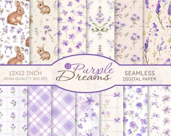 Purple Cottagecore Digital Paper: Lavender, Bunny, Bow (Digital Download)