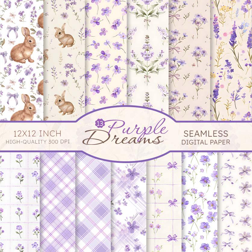 Papel digital morado estilo cottagecore: lavanda, conejito y lazo (descarga digital)