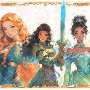 May include: Three women in fantasy princess attire. The woman on the left has long, flowing red hair and is wearing a teal blue dress with gold accents. The woman in the center is wearing a green and gold dress and holding a blue sword. The woman on the right is wearing a green and white dress with a blue sash.
