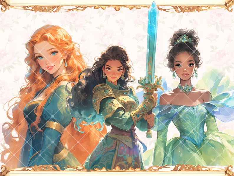 May include: Three women in fantasy princess attire. The woman on the left has long, flowing red hair and is wearing a teal blue dress with gold accents. The woman in the center is wearing a green and gold dress and holding a blue sword. The woman on the right is wearing a green and white dress with a blue sash.