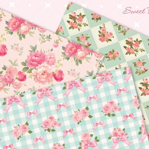 May include: Three digital paper patterns featuring pink peonies and bows on a light blue and white gingham background. The text "Sweet Peony" is in the top right corner of the image.