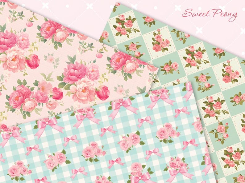 May include: Three digital paper patterns featuring pink peonies and bows on a light blue and white gingham background. The text "Sweet Peony" is in the top right corner of the image.