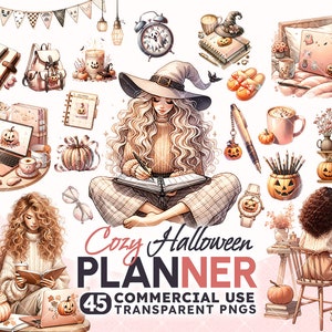 Puede incluir: Ilustración en acuarela con temática de Halloween. La imagen incluye una mujer escribiendo en una agenda, calabazas, un sombrero de bruja y otros elementos de temporada. El texto dice "Cozy Halloween Planner" y "45 Commercial Use Transparent PNGs."