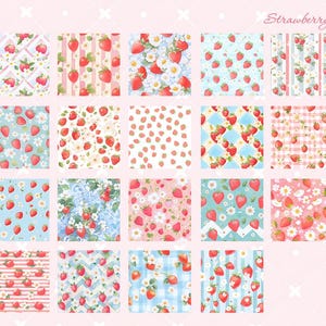 May include: A set of 18 digital paper patterns featuring strawberries, flowers, and various geometric designs in pink, blue, and white. The patterns are perfect for scrapbooking, card making, and other craft projects.