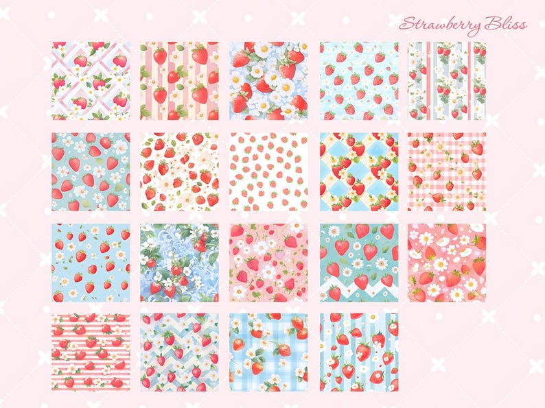 May include: A set of 18 digital paper patterns featuring strawberries, flowers, and various geometric designs in pink, blue, and white. The patterns are perfect for scrapbooking, card making, and other craft projects.