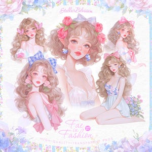 Feen in der Mode Clipart Bundle, moderne Fee Mädchen PNGs, transparenter Hintergrund, Kokette Pastell Elfen Mädchen Kunst, wunderliche Fee, Aquarell
