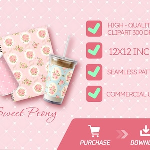May include: A digital download of a 12x12 inch seamless pattern featuring a pink and white floral design with the text "Sweet Peony".