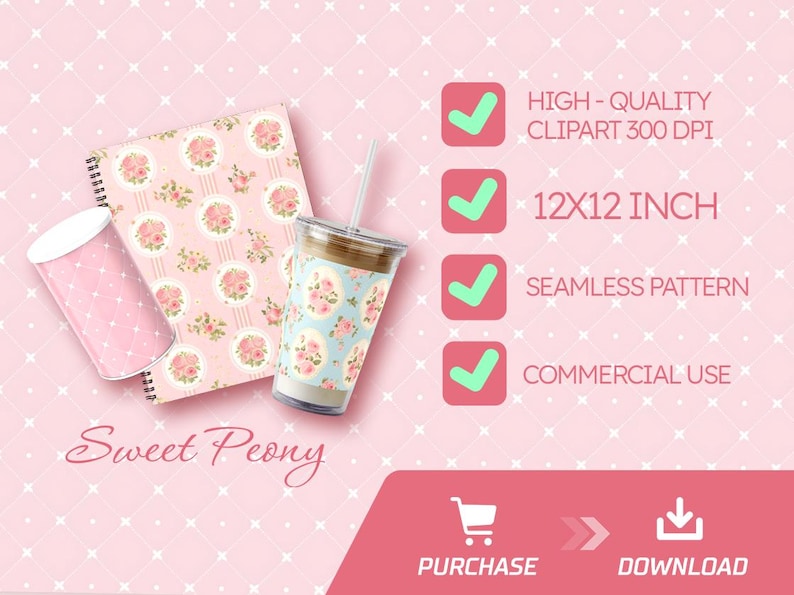 May include: A digital download of a 12x12 inch seamless pattern featuring a pink and white floral design with the text "Sweet Peony".