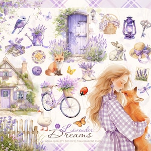 Bundle de cliparts Lavande Cottagecore, fille, lapin, ferme, renard roux, papillon, animal mignon, esthétique rustique, autocollants de journalisation, travaux manuels