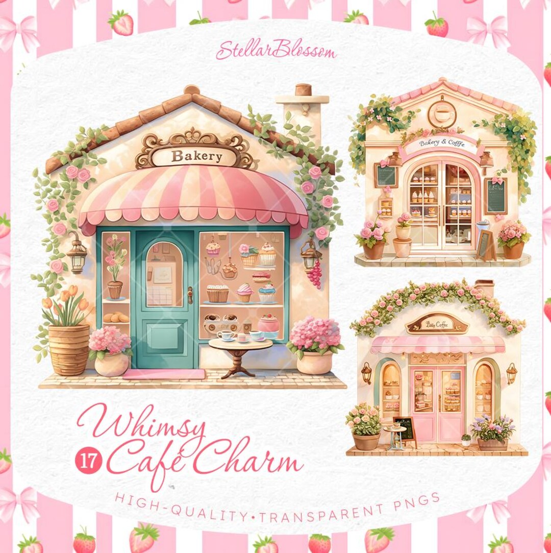 Whimsy Pink Cafe Clipart Bundle: Cottagecore Bakery Pngs (commercial ...