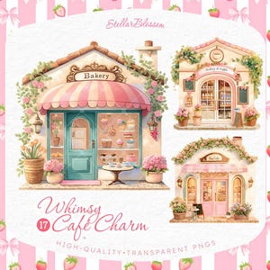 Bundle de cliparts fantaisie rose café, PNG de devanture de magasin de pâtisserie sucrée, clipart mignon café Cottagecore, fond Transparent, usage commercial