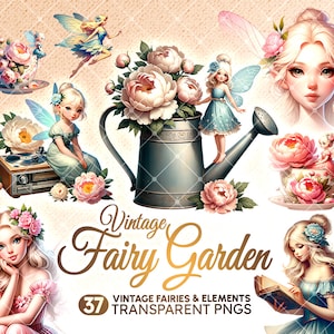 Pacote de clipart de jardim de fadas vintage, peônia png, flor, floral, fada rosa, casa de fadas fofa, coelho fofo, arquivos PNG, uso comercial, adesivo