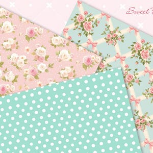 May include: Three digital paper patterns featuring floral designs. The first pattern is pink with white and pink flowers. The second pattern is light blue with white and pink flowers. The third pattern is light blue with white polka dots.