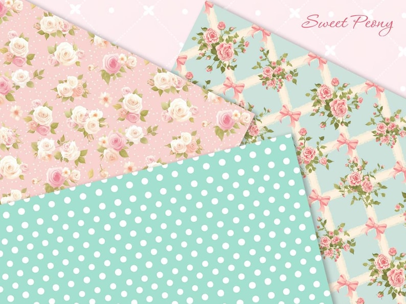 May include: Three digital paper patterns featuring floral designs. The first pattern is pink with white and pink flowers. The second pattern is light blue with white and pink flowers. The third pattern is light blue with white polka dots.