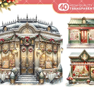Pode incluir: Tr&ecirc;s montras ilustradas com tema natalino. A primeira montra &eacute; um edif&iacute;cio grande e ornamentado com uma fachada dourada e branca, decorada com guirlandas e coroas. A segunda montra &eacute; um edif&iacute;cio verde com uma marquise vermelha e uma porta vermelha. A terceira montra &eacute; um edif&iacute;cio verde com uma marquise vermelha e branca listrada e uma porta vermelha. As tr&ecirc;s montras est&atilde;o decoradas com luzes de Natal e vegeta&ccedil;&atilde;o.