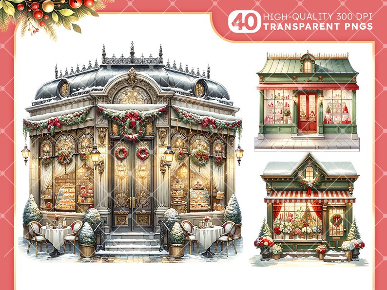 Pode incluir: Tr&ecirc;s montras ilustradas com tema natalino. A primeira montra &eacute; um edif&iacute;cio grande e ornamentado com uma fachada dourada e branca, decorada com guirlandas e coroas. A segunda montra &eacute; um edif&iacute;cio verde com uma marquise vermelha e uma porta vermelha. A terceira montra &eacute; um edif&iacute;cio verde com uma marquise vermelha e branca listrada e uma porta vermelha. As tr&ecirc;s montras est&atilde;o decoradas com luzes de Natal e vegeta&ccedil;&atilde;o.