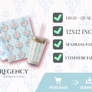 May include: An assortment of coordinating items featuring a floral rose pattern. Includes a spiral-bound notebook, a tumbler, and a beverage cup with a straw. The items are light blue with pink roses and white accents. The image also includes the text "High Quality", "12x12 Inch", "Seamless Pattern", and "Commercial Use".