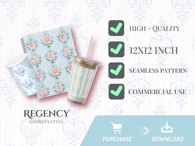 May include: An assortment of coordinating items featuring a floral rose pattern. Includes a spiral-bound notebook, a tumbler, and a beverage cup with a straw. The items are light blue with pink roses and white accents. The image also includes the text "High Quality", "12x12 Inch", "Seamless Pattern", and "Commercial Use".