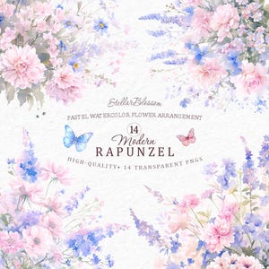 Moderne Rapunzel Pastell Blumen Clipart, Aquarell Blumenschmuck PNG, Flieder Blumen, Frühling romantische Boho Blumen, digitaler Download