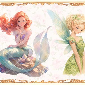 May include: Two illustrations of fairy tale characters. One is a mermaid with long red hair and a green tail. The other is a fairy with green wings and a green dress.