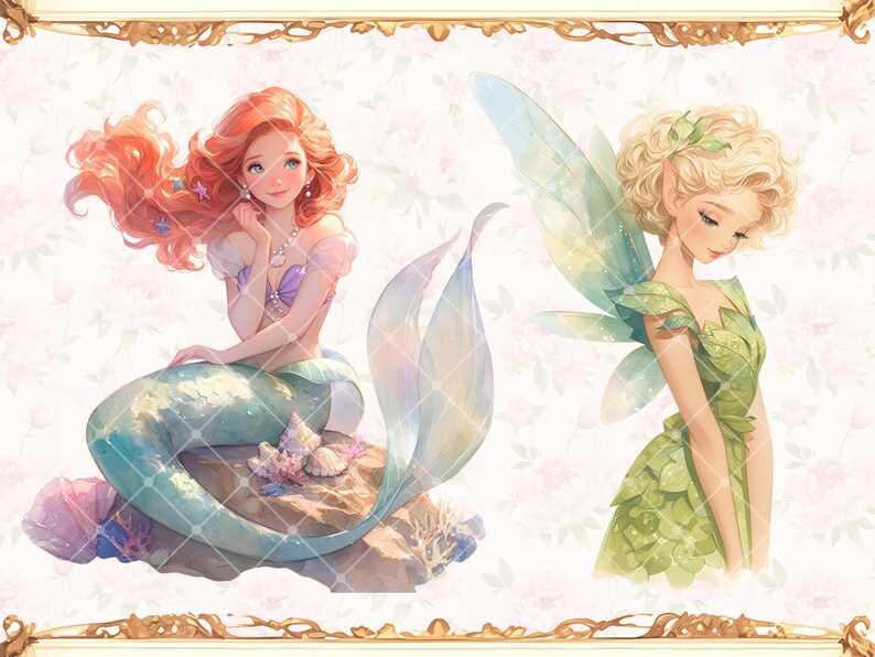 May include: Two illustrations of fairy tale characters. One is a mermaid with long red hair and a green tail. The other is a fairy with green wings and a green dress.