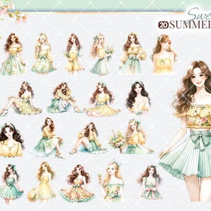 Puede incluir: Un conjunto de 20 pegatinas digitales con ilustraciones de chicas con vestidos de verano. Las chicas est&aacute;n representadas en varias poses y llevan diferentes estilos de vestidos, incluyendo estampados florales, rayas y colores s&oacute;lidos. Las pegatinas son perfectas para a&ntilde;adir un toque de fantas&iacute;a y encanto a tus proyectos digitales.