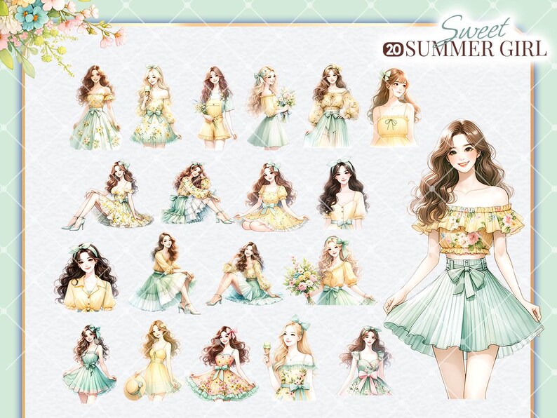 Puede incluir: Un conjunto de 20 pegatinas digitales con ilustraciones de chicas con vestidos de verano. Las chicas est&aacute;n representadas en varias poses y llevan diferentes estilos de vestidos, incluyendo estampados florales, rayas y colores s&oacute;lidos. Las pegatinas son perfectas para a&ntilde;adir un toque de fantas&iacute;a y encanto a tus proyectos digitales.