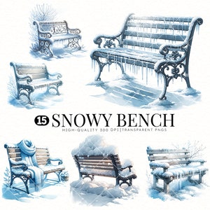 Akvarell snöig bänk clipart-paket: Vintergrafik (digital nedladdning)