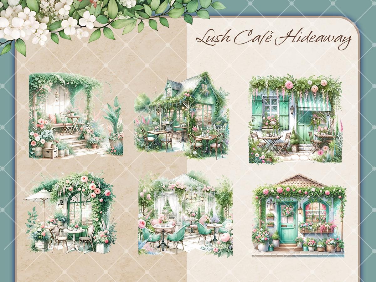 Cottagecore Cafe Clipart Bundle: Watercolor Florals, Rustic Decor (PNG ...