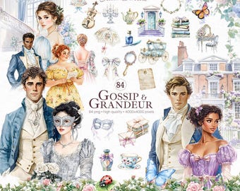 Regency Romance Clipart, Gossip Grandeur Watercolor PNG, Junk Journal Bundle (Digital Download)