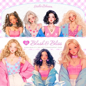 Pastell Rosa Mädchen Clipart Bundle, Pastell Mode Illustrationen, Kawaii, Romantische digitale Kunst, transparente PNG Handwerk, Scrapbooking, Valentine