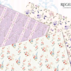 May include: A collection of floral patterned papers in various designs. One paper has a lavender background with vertical stripes and floral accents. Another features a white background with small pink and blue flowers. The top right paper has a floral design with purple flowers. The text "REGENCY COORDINATING" is in the top right corner.