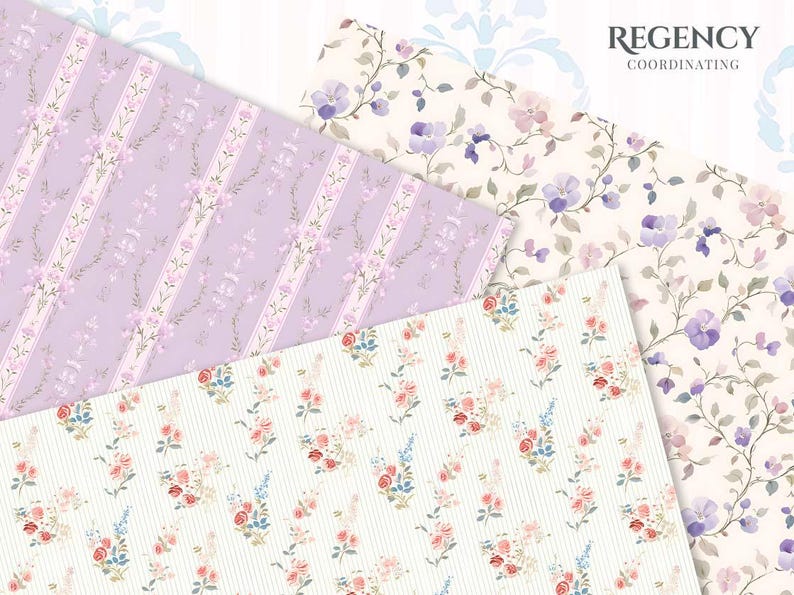 May include: A collection of floral patterned papers in various designs. One paper has a lavender background with vertical stripes and floral accents. Another features a white background with small pink and blue flowers. The top right paper has a floral design with purple flowers. The text "REGENCY COORDINATING" is in the top right corner.