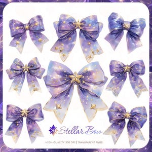 May include: Set of 20 purple and gold watercolor bows with a starry sky design. The bows are perfect for adding a touch of whimsy to any project.