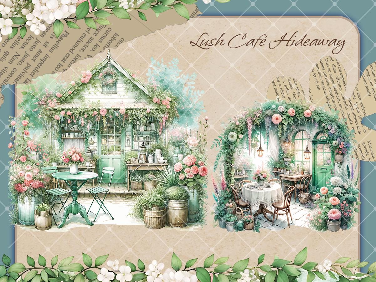 Cottagecore Cafe Clipart Bundle: Watercolor Florals, Rustic Decor (PNG ...