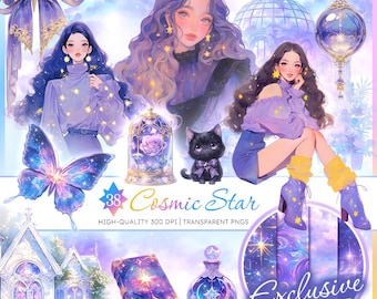 Celestial Girls Clipart Bundle: Cosmic Stars & Moons (Digital Download)