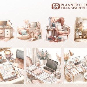Puede incluir: Un conjunto de 59 elementos para planificadores, que incluye ilustraciones de una acogedora oficina en casa, una computadora port&aacute;til, un planificador, una taza de caf&eacute;, un taz&oacute;n de fruta, una silla, una l&aacute;mpara y una planta en maceta. Las ilustraciones est&aacute;n en un estilo acuarela suave y son perfectas para agregar un toque de fantas&iacute;a a tu planificador.