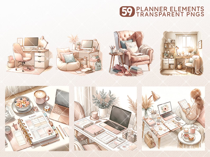 Puede incluir: Un conjunto de 59 elementos para planificadores, que incluye ilustraciones de una acogedora oficina en casa, una computadora port&aacute;til, un planificador, una taza de caf&eacute;, un taz&oacute;n de fruta, una silla, una l&aacute;mpara y una planta en maceta. Las ilustraciones est&aacute;n en un estilo acuarela suave y son perfectas para agregar un toque de fantas&iacute;a a tu planificador.
