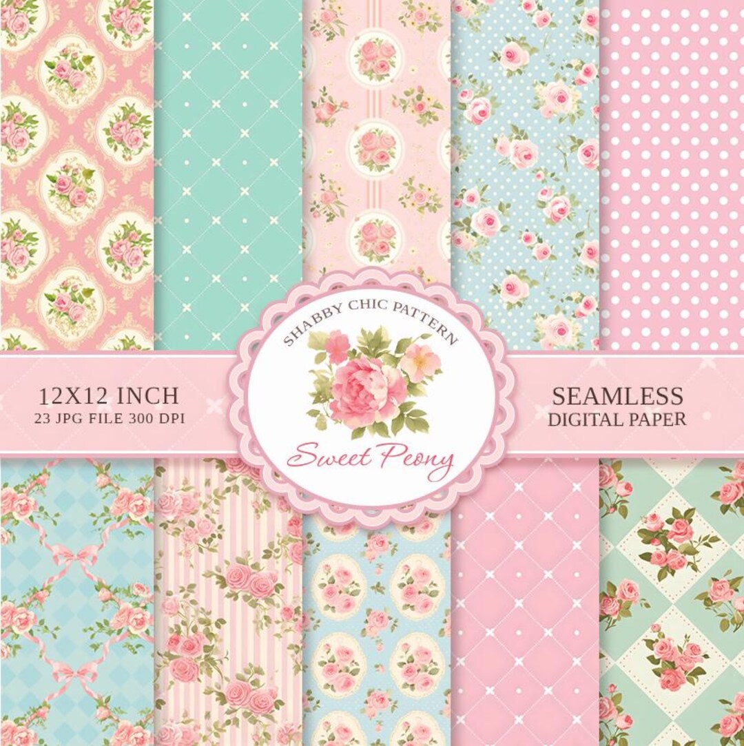 Sweet Peony Digital Paper: Shabby Chic Floral Patterns (12x12 Inch Jpgs ...