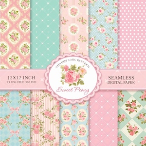 Sweet Peony Shabby Chic digitale papierbundel, naadloze bloempatronen, vintage, plakboekpapier, pastelroze ontwerpen, 12 x 12 inch jpg's