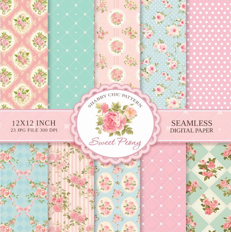 May include: A set of 23 digital paper patterns featuring a shabby chic theme with floral designs in pink, blue, and green. The patterns are seamless and measure 12x12 inches. The text "Shabby Chic Pattern Sweet Peony" and "Seamless Digital Paper" is included in the image.
