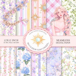 Moderne digitale papierbundel Rapunzel, pastelkleurige bloemen naadloze achtergronden, 12 x 12 JPG, sprookjes gingham en hortensia plakboek, coquette