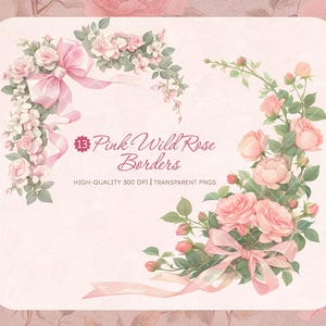 Rosa Wild Rose Coquette Border Clipart Bundle, romantische Blumenrahmen Illustrationen für Valentinstag, Hochzeiten, Einladungen und Kunsthandwerk