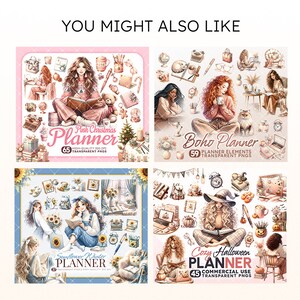 Puede incluir: Cuatro dise&ntilde;os de planificadores digitales con ilustraciones de mujeres en entornos acogedores. Los dise&ntilde;os incluyen Pink Christmas Planner, Boho Planner, Sunflower Winter Planner y Cozy Halloween Planner. Cada dise&ntilde;o incluye una serie de PNG transparentes.