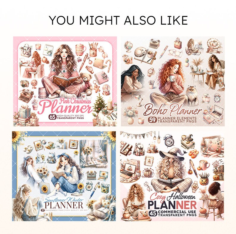 Puede incluir: Cuatro dise&ntilde;os de planificadores digitales con ilustraciones de mujeres en entornos acogedores. Los dise&ntilde;os incluyen Pink Christmas Planner, Boho Planner, Sunflower Winter Planner y Cozy Halloween Planner. Cada dise&ntilde;o incluye una serie de PNG transparentes.